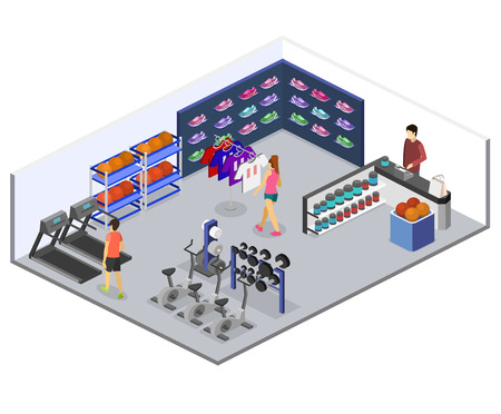 Isometric flat 3D isolated concept vector interior goods for the sports shop. Stand with sneakers, clothes, baseball swords,dumbbellsのイラスト素材
