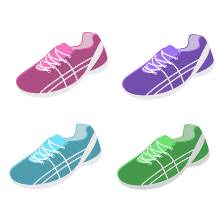 Isometric flat 3D isolated concept flat illustration collection set of sneakers running, walking, shoppingのイラスト素材