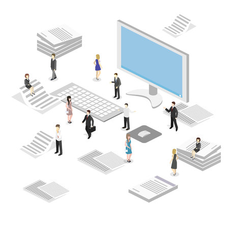 Isometric flat 3D isolated concept vector cutaway interior office workplace with people.のイラスト素材