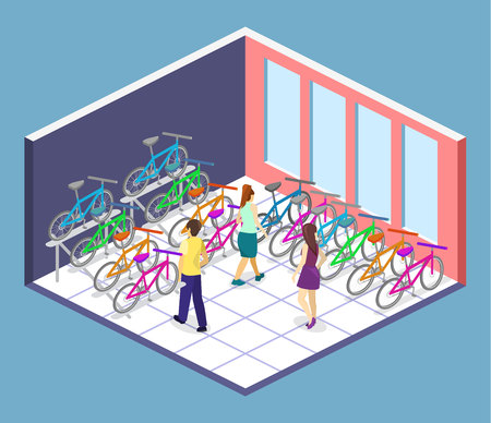 Isometric flat 3D isolated concept vector cutaway interior of bicycle shop. People choose a bikeのイラスト素材
