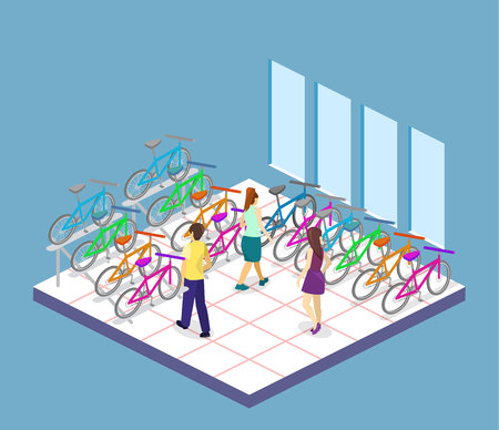 Isometric flat 3D isolated concept vector cutaway interior of bicycle shop. People choose a bikeのイラスト素材