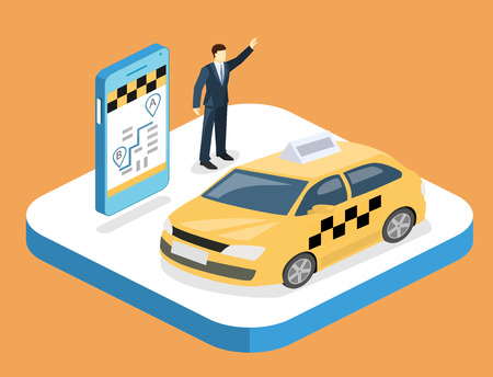 Isometric flat 3D isolated concept vector taxi transport, service. A person calls a taxi through a mobile application.のイラスト素材