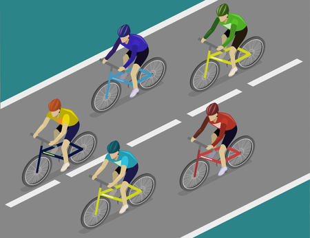 Isometric flat 3D isolated concept vector the group of cyclists man in road bicycle racing.のイラスト素材