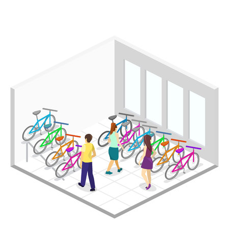 Isometric flat 3D isolated concept vector cutaway interior of bicycle shop. People choose a bikeのイラスト素材
