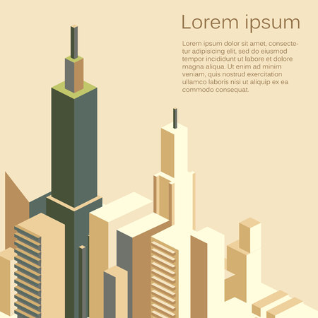 Isometric flat 3D isolated concept vector city three-dimensional summer town quarter. Skyscrapers, apartment, office, houses and streetsのイラスト素材