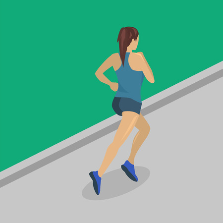 Isometric flat 3D isolated concept people running on the road. A girl running a jogのイラスト素材