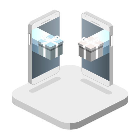 Isometric flat 3D isolated concept vector online order conceptual composition with c gift box on top of phone touch screen.のイラスト素材
