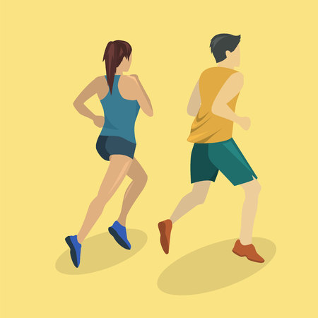 Isometric flat 3D isolated concept people running on the road. A girl and a guy are running a jog.のイラスト素材