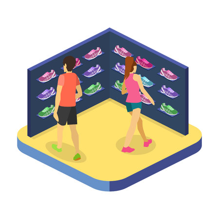 Isometric flat 3D isolated concept flat illustration sports shoes shop.のイラスト素材
