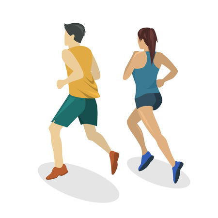 Isometric flat 3D isolated concept people running on the road. A girl and a guy are running a jogのイラスト素材