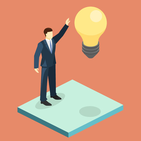 Isometric flat 3D isolated vector Businessman looking for ideas. Big idea brainstorming. lamp conceptのイラスト素材