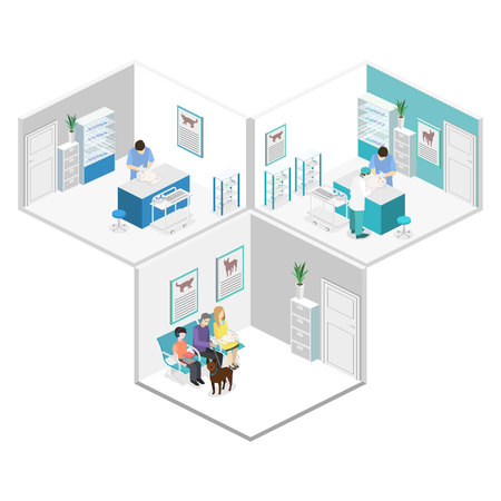 Flat 3D illustration Isometric interior of veterinary clinic. The veterinarian treats the petのイラスト素材