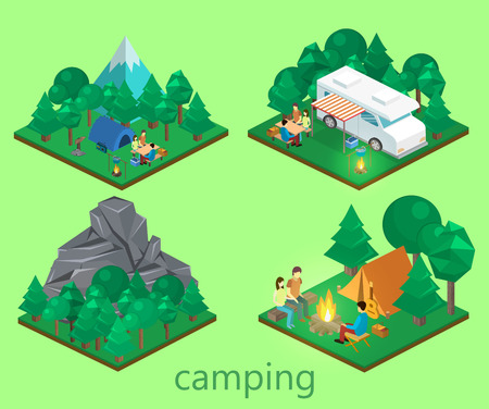 Isometric flat 3D isolated concept vector landscape for camping.のイラスト素材