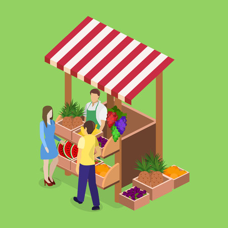 Isometric flat 3D isolated concept vector fruit stand. Produce shop keeper. Fruit and vegetables retail business owner working in his own store.のイラスト素材