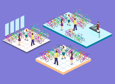 Isometric flat 3D isolated concept vector cutaway interior of bicycle shop. People choose a bikeのイラスト素材