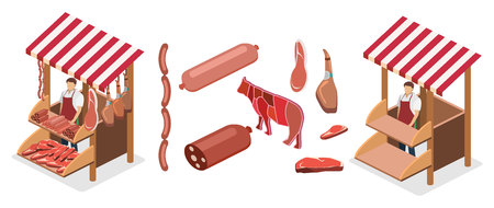 Isometric flat 3D isolated concept vector Butcher shop. The pieces of meat are sold on the show-windowのイラスト素材