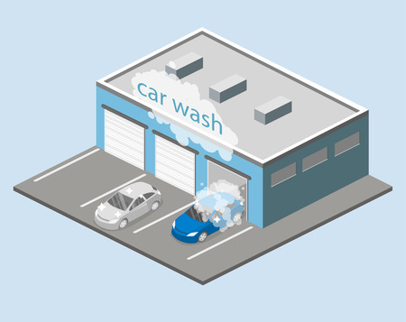 Isometric flat 3D isolated concept vector cutaway building car wash service.のイラスト素材