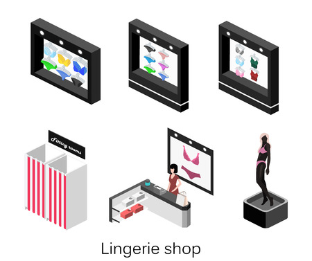 Shop of underwear. Isometric flat 3D isolated concept vector cutaway interior lingerie storeのイラスト素材