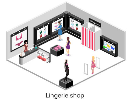 Shop of underwear. Isometric flat 3D isolated concept vector cutaway interior lingerie storeのイラスト素材