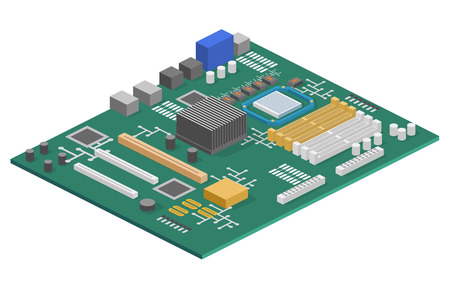 Isometric flat 3D isolated concept vector Computer chip technology processor circuit and computer motherboard information systemのイラスト素材
