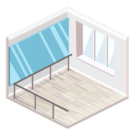 Isometric flat 3D isolated concept vector cutaway interior empty training dance-hall with parquet floor large mirror and panoramic window with white curtains.のイラスト素材