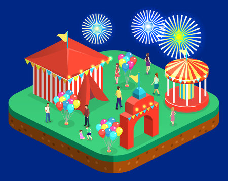 Isometric flat 3D isolated concept vector city banners with carousels. amusement parkのイラスト素材