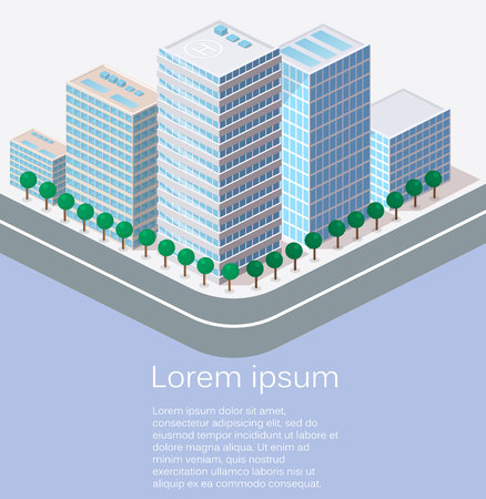 Isometric flat 3D isolated concept vector city three-dimensional summer town quarter. Skyscrapers, apartment, office, houses and streetsのイラスト素材