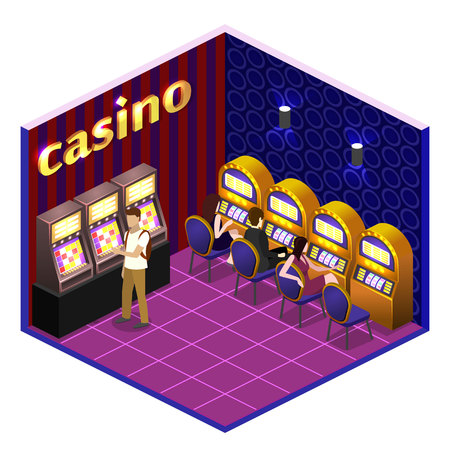 Isometric flat 3D isolated concept vector cutaway interior casino. Men and women play slot machines in casinosのイラスト素材