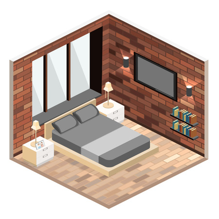 modern bedroom design in isometric style. Flat 3D illustrationのイラスト素材