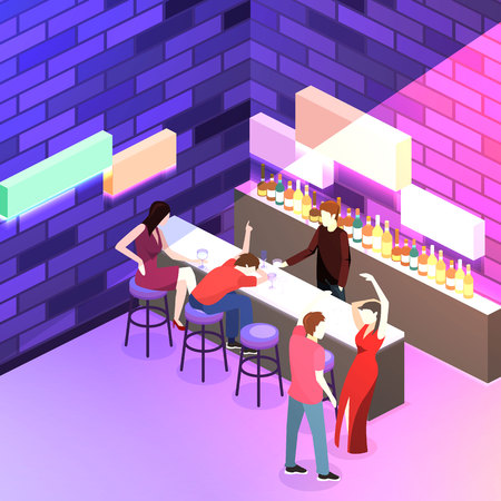 Isometric flat 3D isolated concept vector cutaway Bar in the nightclub. Bar counter with stools before it, and alcohol cocktails and bottles on the shelves. A drunk man is sleeping. People are dancingのイラスト素材
