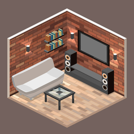 flat 3D isolated concept vector cutaway interior Living room interior in isometric view. loft apartment with brick wall.のイラスト素材