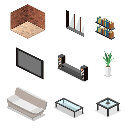 flat 3D isolated concept vector cutaway interior Living room interior in isometric view. loft apartment with brick wall.のイラスト素材