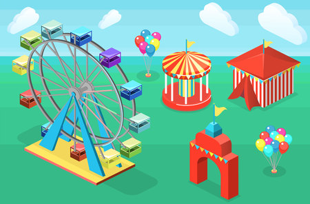 Isometric flat 3D isolated concept vector city banners with carousels. amusement parkのイラスト素材
