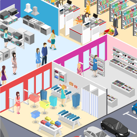 isometric interior shopping mall, grocery, computer, household, equipment store. Flat 3d vector illustration.のイラスト素材