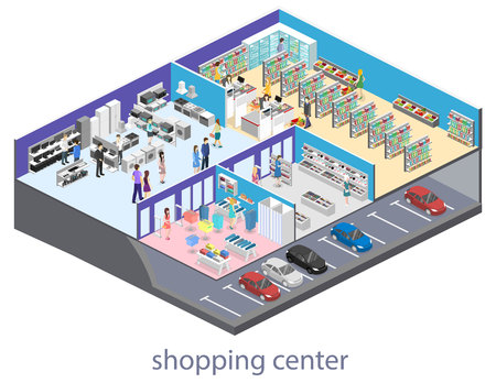 isometric interior shopping mall, grocery, computer, household, equipment store. Flat 3d vector illustration.のイラスト素材