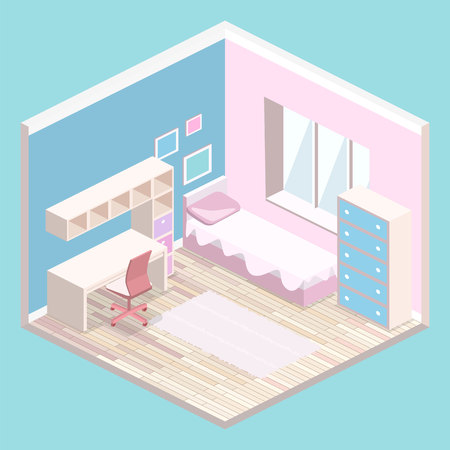 Isometric flat 3D isolated concept vector cutaway interior Girls all pink bedroom interior.のイラスト素材