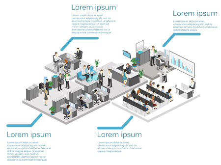 Isometric flat 3d abstract office floor interior departments concept vector. conference hall, offices, workplaces, director of the office interior.のイラスト素材