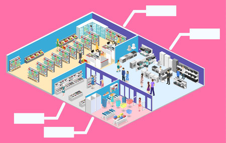 isometric interior shopping mall, grocery, computer, household, equipment store. Flat 3d vector illustrationのイラスト素材