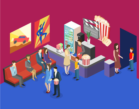 Isometric flat 3D concept vector interior of cinema waiting hall. cinema cafeのイラスト素材