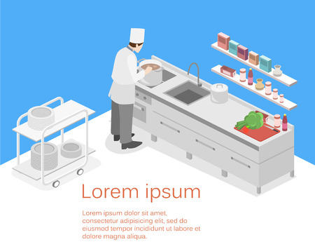 Isometric flat 3D concept vector interior of professional restaurant kitchenのイラスト素材