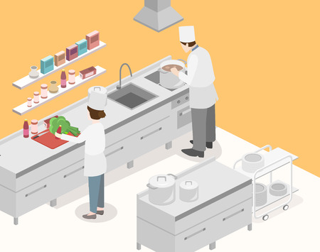 Isometric flat 3D concept vector interior of professional restaurant kitchenのイラスト素材