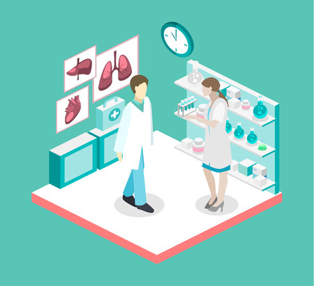 Isometric flat 3D concept interior of science laboratory. medical research pharmaceutical illustrationのイラスト素材