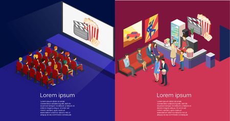 Isometric flat 3D concept vector interior of cinema hall,cafe. people watching a movieのイラスト素材