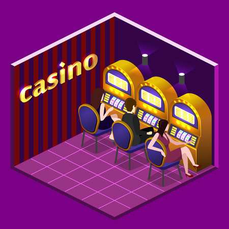Isometric flat 3D isolated concept vector cutaway interior casino. Men and women play slot machines in casinosのイラスト素材