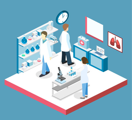 Isometric flat 3D concept vector interior of science laboratory. medical research pharmaceutical illustrationのイラスト素材