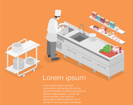 Isometric flat 3D concept vector interior of professional restaurant kitchenのイラスト素材