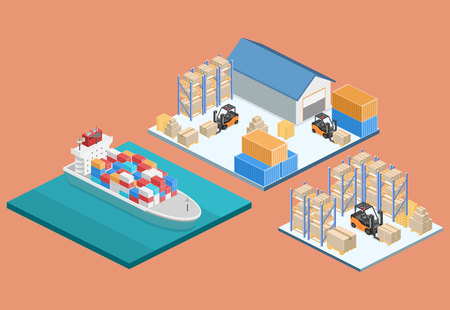 isometric interior of warehouse. The boxes are on the shelves. Flat 3d illustration. River Cargo Boats traveling on water.のイラスト素材