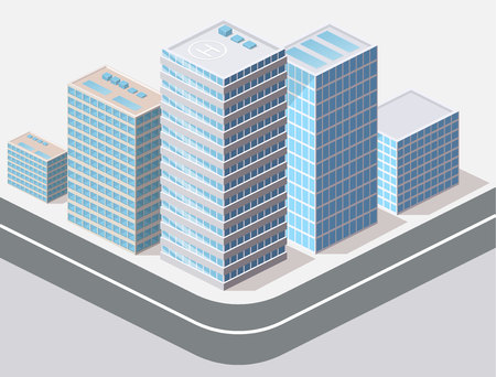 Isometric flat 3D isolated concept vector city three-dimensional summer town quarter. Skyscrapers, apartment, office, houses and streetsのイラスト素材