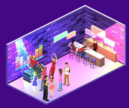Isometric flat 3D isolated concept vector cutaway Bar in the nightclub. Bar counter with stools before it, and alcohol cocktails and bottles on the shelves. A drunk man is sleeping. People are dancingのイラスト素材