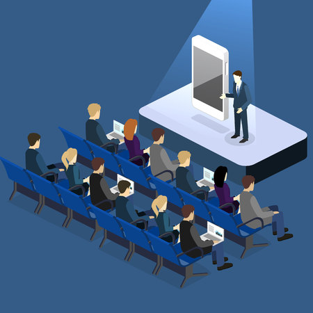 presentation of a new phone or mobile application. Business presentation meeting in conference hall. People listen to speakers. Flat 3D illustration.のイラスト素材